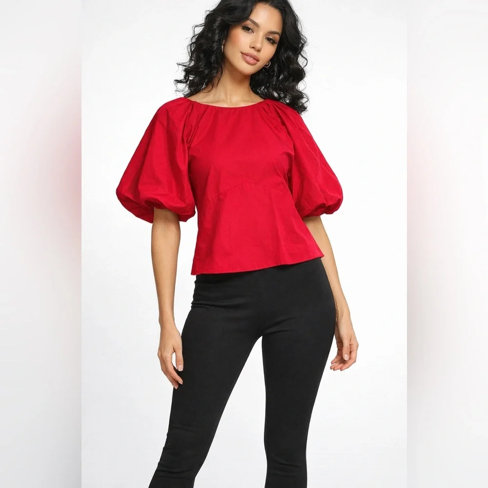 DKNY Red Puff Sleeve Blouse Size L | Balloon Sleeve Top | Statement Top - Picture 1 of 7